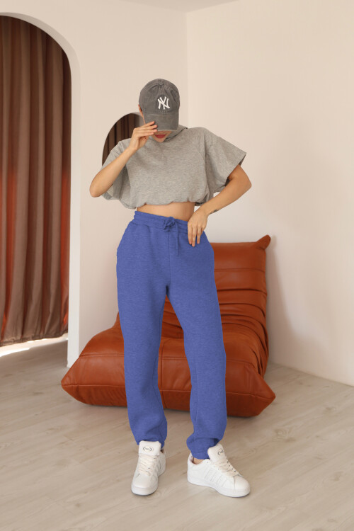 Kadın Mavi Relaxed Kalıp Paça ve Bel Lastik Detaylı Eşofman Altı