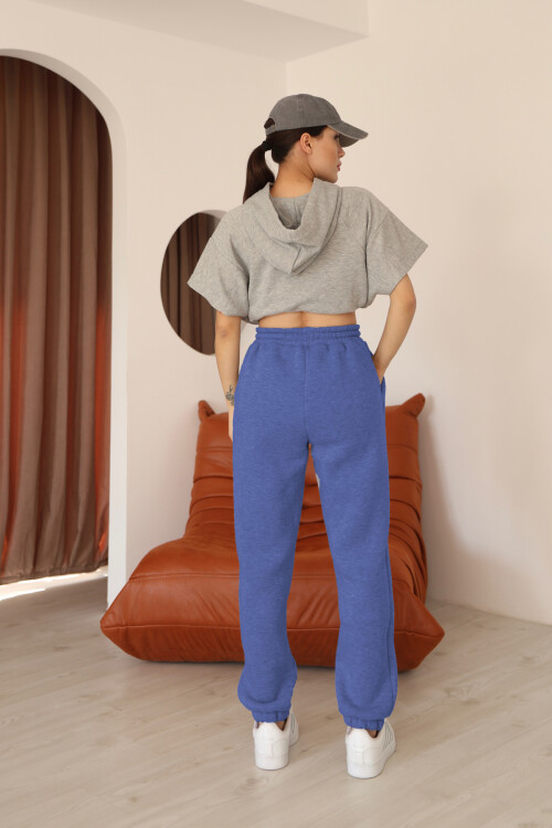 Kadın Mavi Relaxed Kalıp Paça ve Bel Lastik Detaylı Eşofman Altı