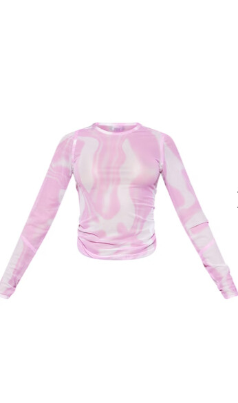 Kadın Pembe Baskılı File Panelli Tül Bluz 