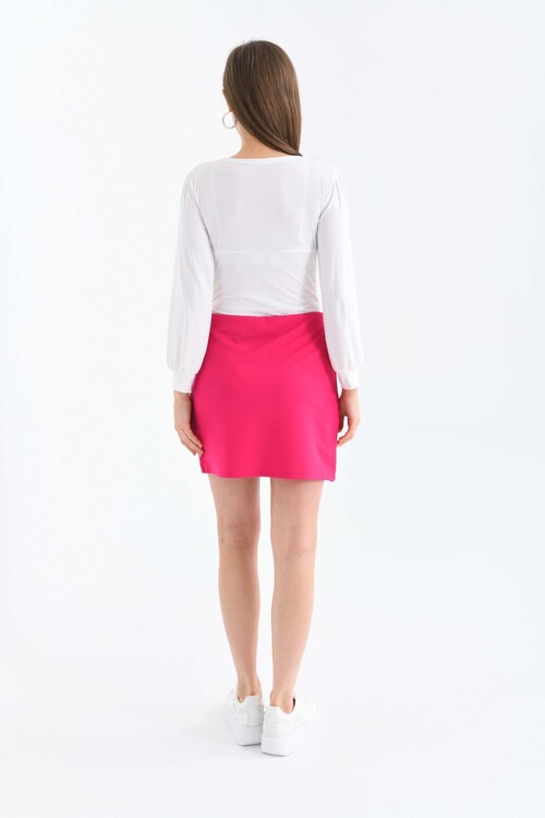 Kadın Pembe Beli Lastikli Yüksek Bel Mini Örme Etek 