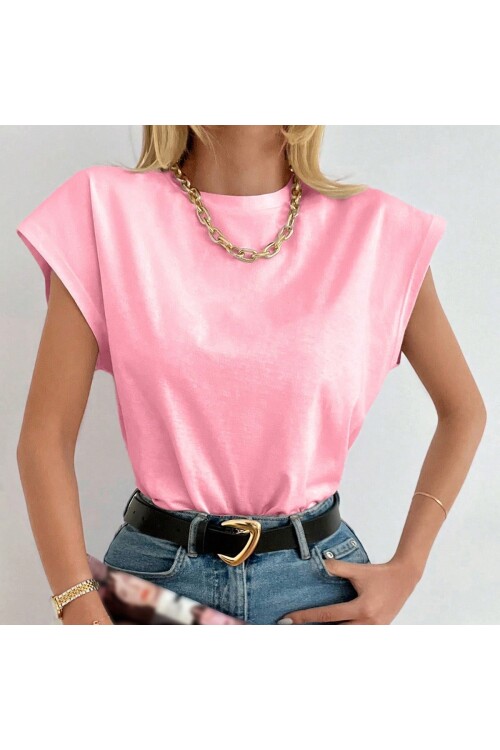 Kadın Pembe Düşük Kol Pamuklu Örme T-Shirt