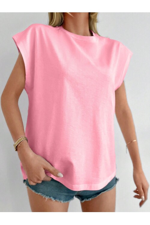 Kadın Pembe Düşük Kol Pamuklu Örme T-Shirt