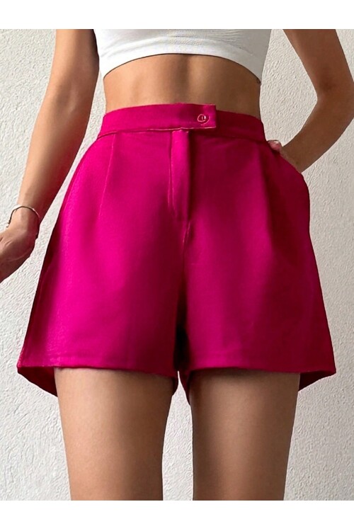 Kadın Pembe Önü Pileli Cep Detaylı Yüksek Bel Mini Şort