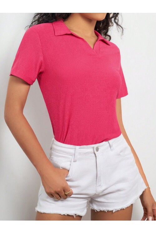 Kadın Pembe Polo Yaka Kısa Kol Bluz