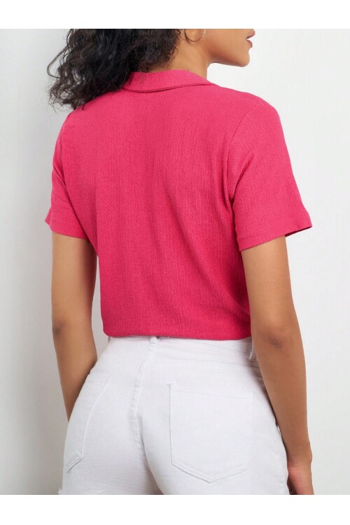 Kadın Pembe Polo Yaka Kısa Kol Bluz