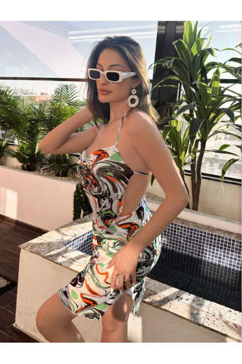 Kadın Renkli Desenli İnce Askılı Etek Takım