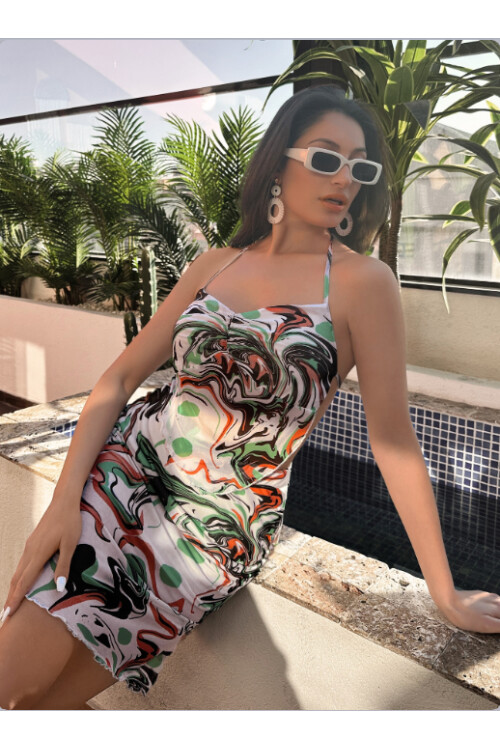 Kadın Renkli Desenli İnce Askılı Etek Takım