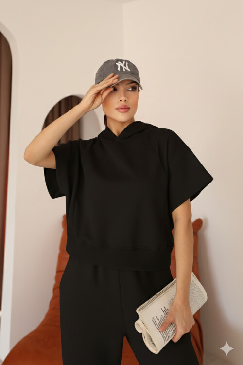 Kadın Siyah Ay Kol Kapüşonlu Relaxed Kalıp Örme Crop Sweatshirt