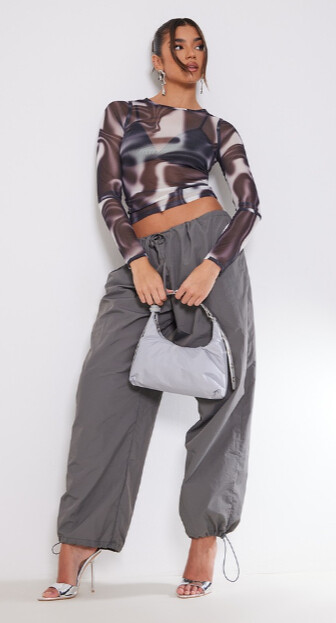 Kadın Siyah Baskılı File Panelli Tül Bluz 