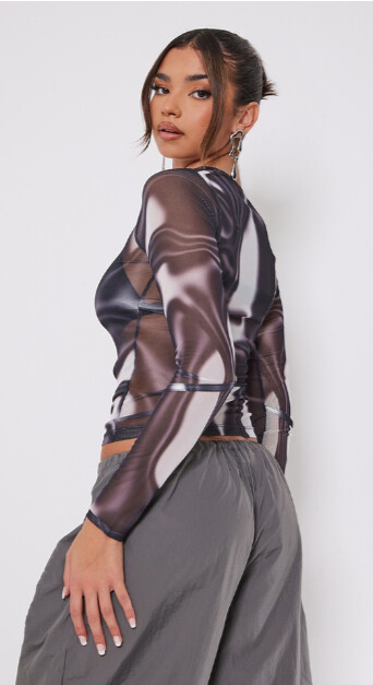 Kadın Siyah Baskılı File Panelli Tül Bluz 