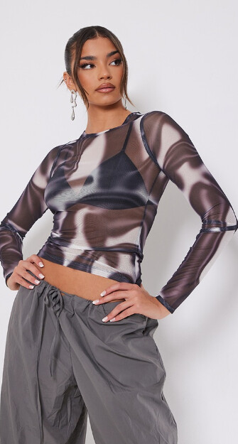 Kadın Siyah Baskılı File Panelli Tül Bluz 