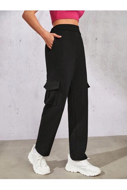 Kadın Siyah Beli Lastikli Düz Paça Kargo Pantolon