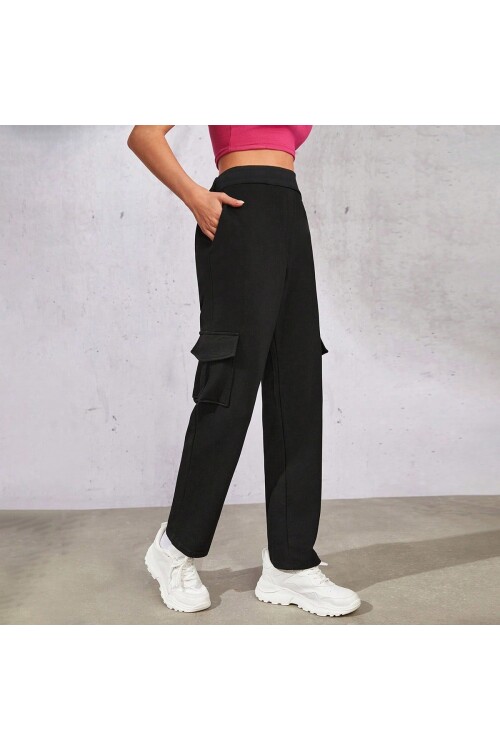 Kadın Siyah Beli Lastikli Düz Paça Kargo Pantolon