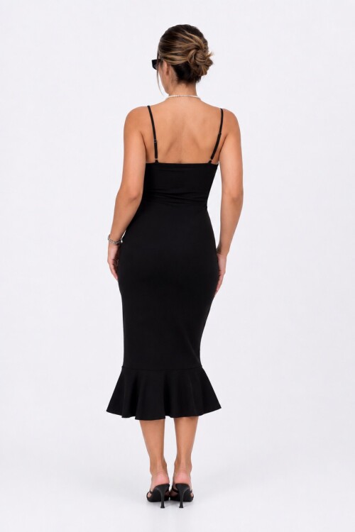 Kadın Siyah Bodycon Midi Elbise | İnce Askılı V Yaka | Cut Out Dekolte Detaylı Volanlı Etek | Scuba Krep Örme Kumaş | Vücuda Oturan Şık Davet Gece Öze