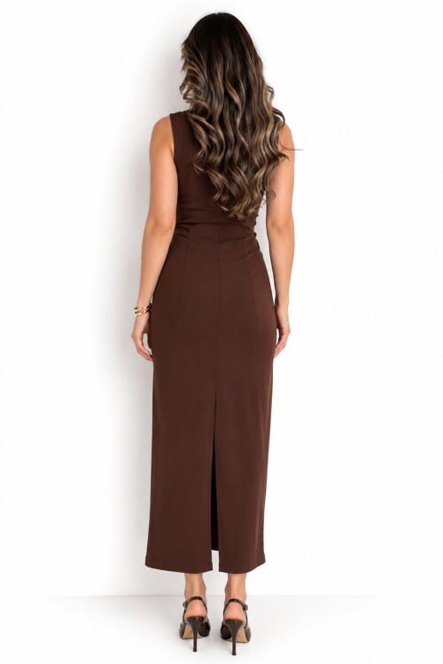 Kahverengi Büzgü Drape Detaylı Bodycon Midi Elbise | Vücuda Oturan Balık Siluet | Bisiklet Yaka Ay Kol | Esnek Micro Örme Kumaş