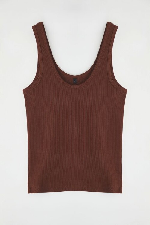 Kahverengi Fitted Havuz Yaka Fitilli Esnek Örme Atlet