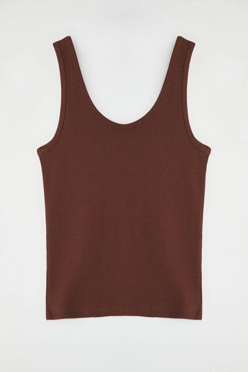 Kahverengi Fitted Havuz Yaka Fitilli Esnek Örme Atlet