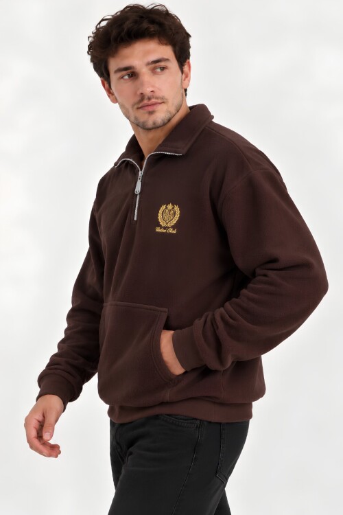 Kahverengi Oversize Geniş Kesim Dik Yaka Anti-Pilling Polar Sweatshirt | Fermuarlı Uzun Kol | Su İtici Polyester Örme Kumaş | Erkek Rahat Kalıp