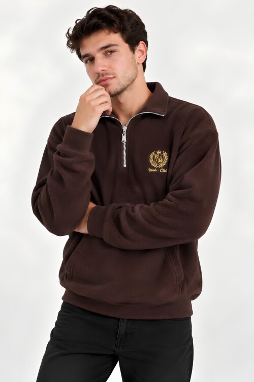 Kahverengi Oversize Geniş Kesim Dik Yaka Anti-Pilling Polar Sweatshirt | Fermuarlı Uzun Kol | Su İtici Polyester Örme Kumaş | Erkek Rahat Kalıp