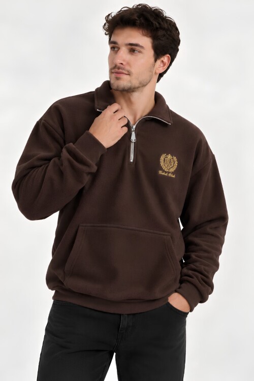 Kahverengi Oversize Geniş Kesim Dik Yaka Anti-Pilling Polar Sweatshirt | Fermuarlı Uzun Kol | Su İtici Polyester Örme Kumaş | Erkek Rahat Kalıp