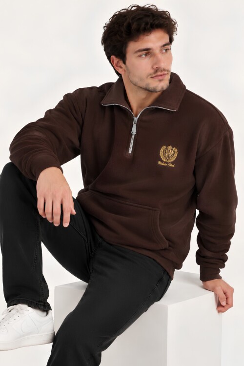 Kahverengi Oversize Geniş Kesim Dik Yaka Anti-Pilling Polar Sweatshirt | Fermuarlı Uzun Kol | Su İtici Polyester Örme Kumaş | Erkek Rahat Kalıp