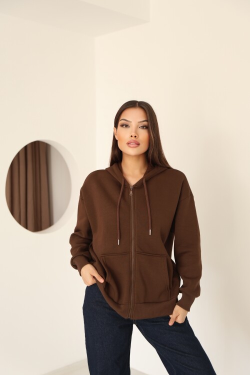 Kahverengi Oversize İçi Polar ve Fermuar Detaylı Kapüşonlu Kadın Sweatshirt