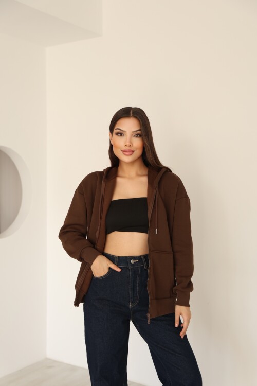 Kahverengi Oversize İçi Polar ve Fermuar Detaylı Kapüşonlu Kadın Sweatshirt