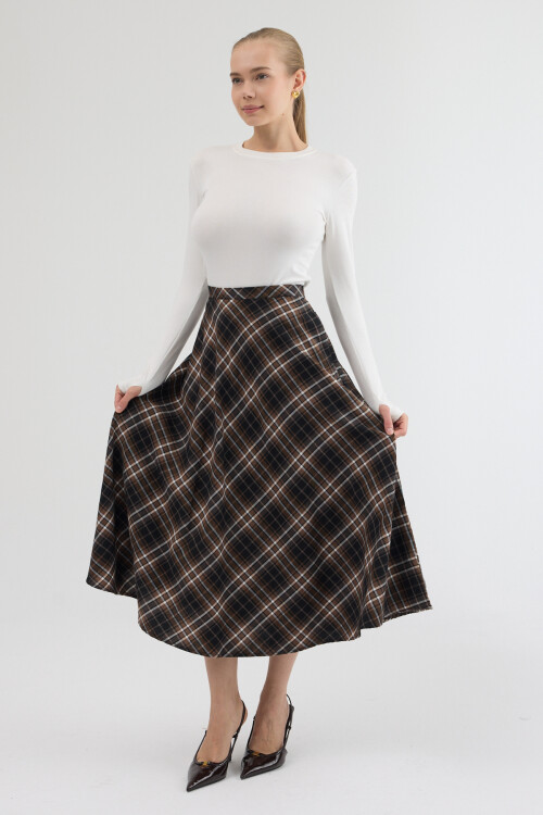 Kahverengi-Siyah Aura Yüksek Bel A-Kesim Ekose Midi Etek