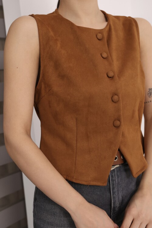 Kahverengi Süet Bel Oturtmalı Önü Düğmeli Kolsuz Ceket