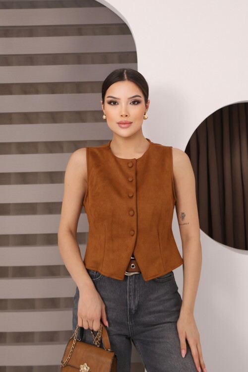 Kahverengi Süet Bel Oturtmalı Önü Düğmeli Kolsuz Ceket