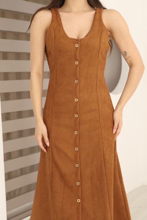 Kahverengi Süet Önü Düğme Detaylı Yuvarlak Yaka Jile/Salopet Elbise