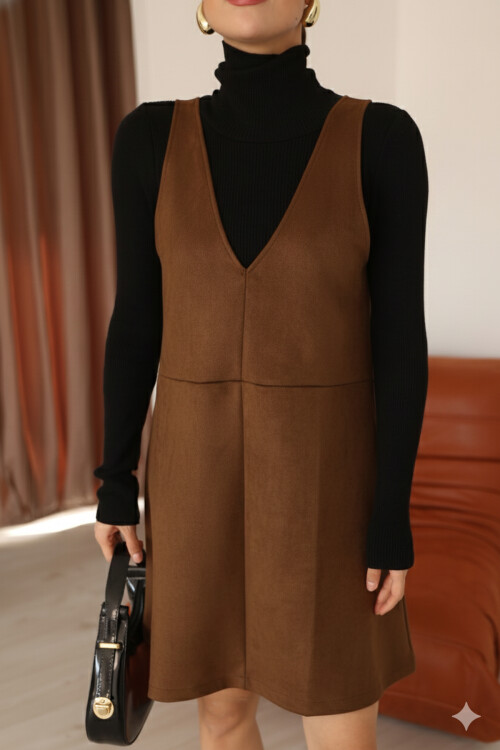 Kahverengi Süet V Yaka Diz Üstü Panel Detaylı Kadın Elbise