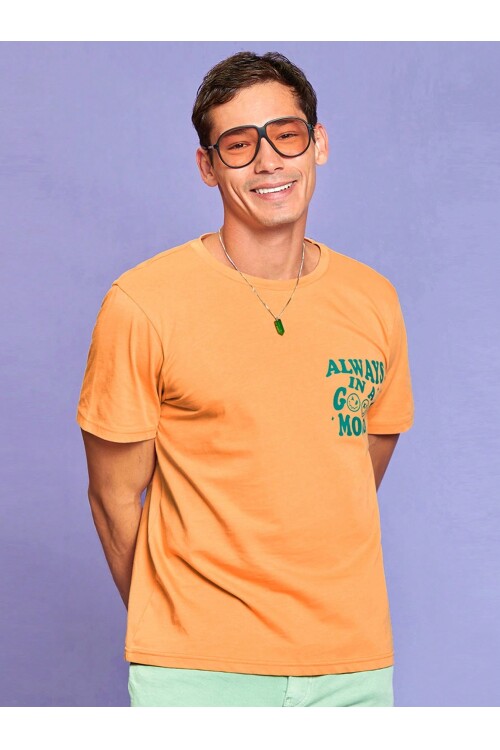 Kayısı Rengi Always In A Good Mood Baskılı 100% Pamuk T-Shirt