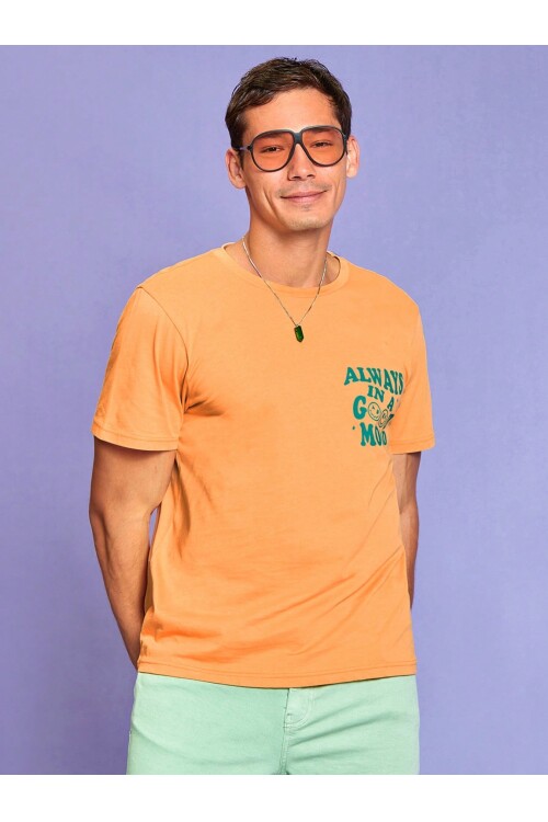 Kayısı Rengi Always In A Good Mood Baskılı 100% Pamuk T-Shirt