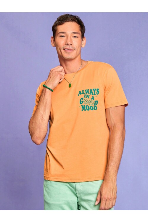 Kayısı Rengi Always In A Good Mood Baskılı 100% Pamuk T-Shirt