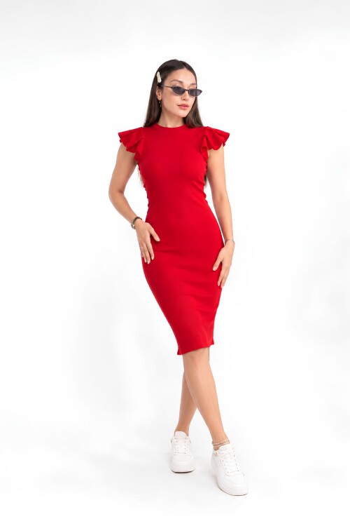 Kırmızı Fitilli Bodycon Midi Kalem Elbise | Volanlı Fırfırlı Kısa Kol | Bisiklet Yaka Vücuda Oturan Kalıp | %98 Pamuk %2 Elastan Esnek Kaşkorse Örme K
