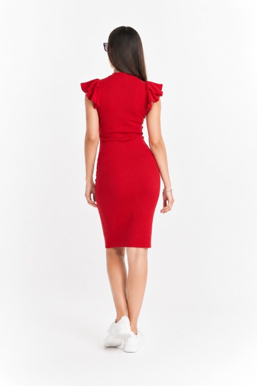 Kırmızı Fitilli Bodycon Midi Kalem Elbise | Volanlı Fırfırlı Kısa Kol | Bisiklet Yaka Vücuda Oturan Kalıp | %98 Pamuk %2 Elastan Esnek Kaşkorse Örme K