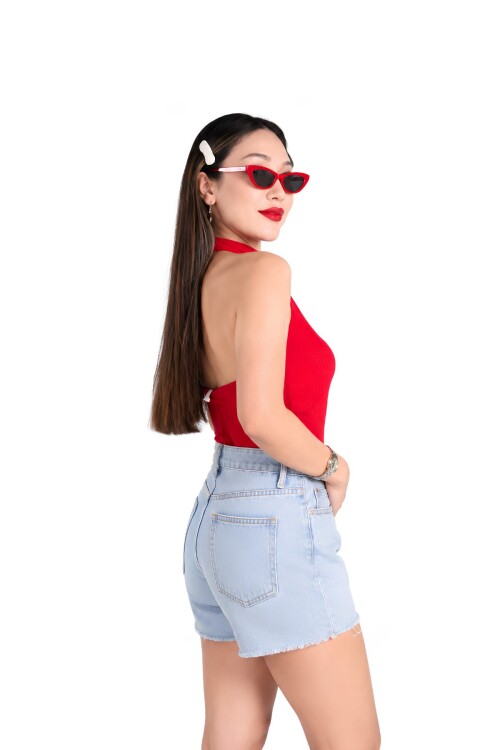 Kırmızı Fitted Vücuda Oturan Boyundan Bağlamalı Bluz | Büzgü Drape Detaylı Paper Touch Örme Kumaş | Kolsuz Esnek Regular Boy