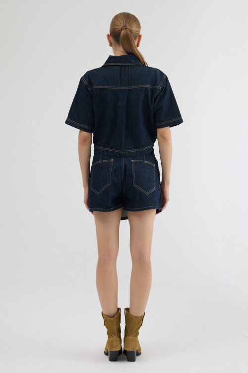 Koyu Lacivert Gömlek Yaka Cep Detaylı Üst ve Asimetrik Düğmeli Kot Şort Etek Urban Stil İkili Takım