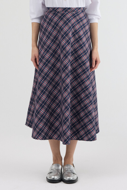 Lacivert-Kırmızı Aura Yüksek Bel A-Kesim Ekose Midi Etek