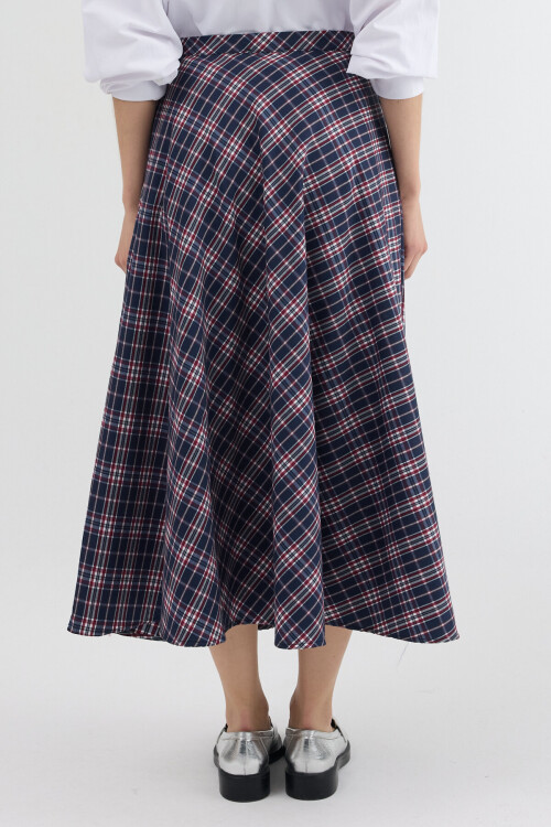 Lacivert-Kırmızı Aura Yüksek Bel A-Kesim Ekose Midi Etek