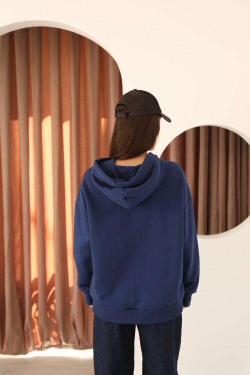 Lacivert Oversize İçi Polar ve Fermuar Detaylı Kapüşonlu Kadın Sweatshirt
