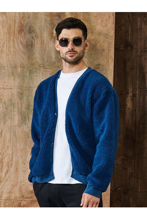 Lacivert V Yaka Düğmeli Peluş Hırka