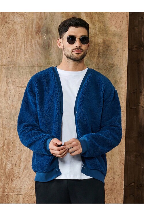 Lacivert V Yaka Düğmeli Peluş Hırka