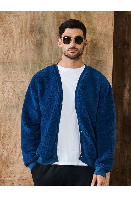 Lacivert V Yaka Düğmeli Peluş Hırka