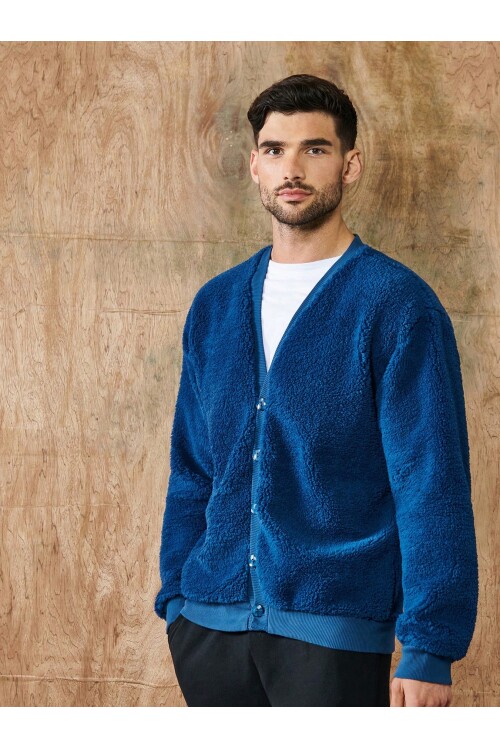 Lacivert V Yaka Düğmeli Peluş Hırka