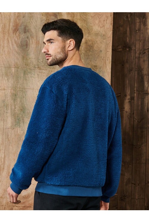 Lacivert V Yaka Düğmeli Peluş Hırka