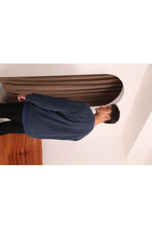 Lacivert V Yaka Düğmeli Peluş Hırka