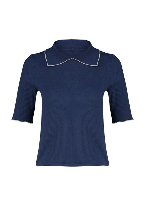 Lacivert Yaka Detaylı Regular Kalıp Örme Bluz