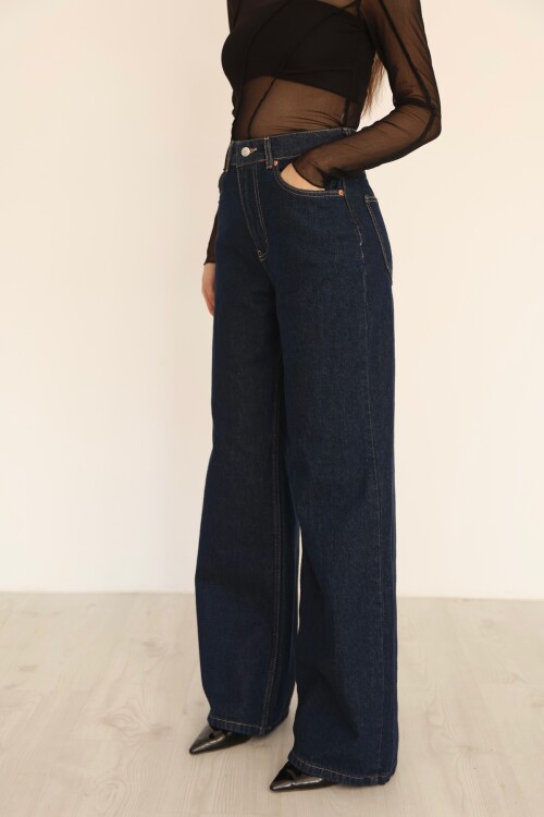 Lacivert Yüksek Bel Palazzo Kot Pantolon